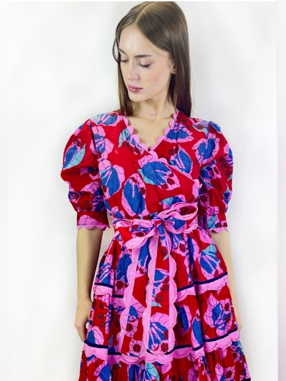 Vibrant Floral Wrap Midi Dress in Red and Pink Sash Medium - Picture 1 of 11